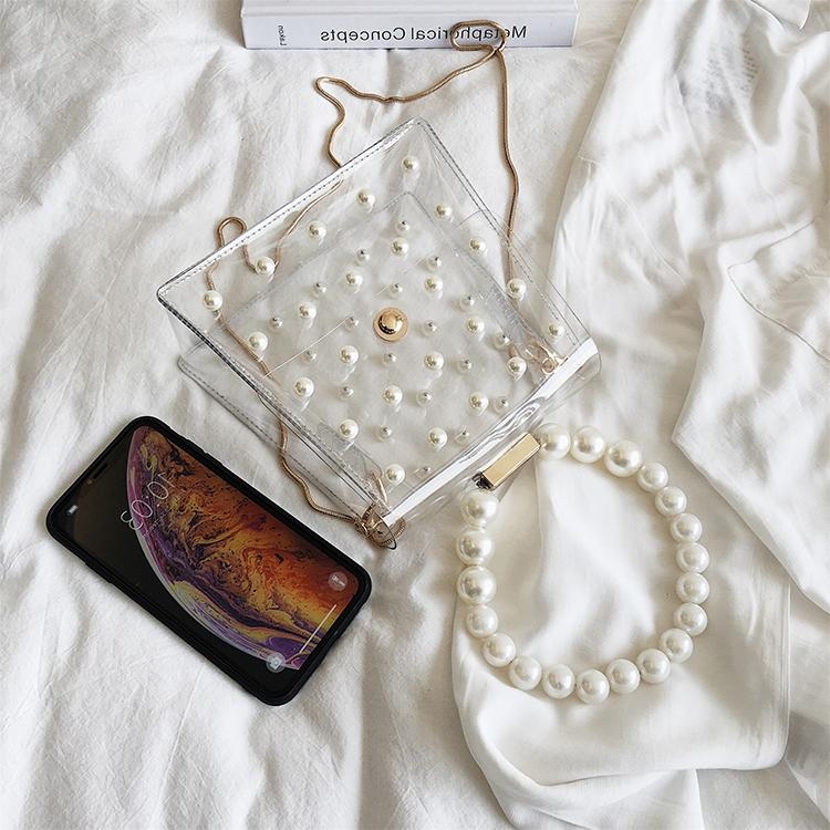 White Pearls Flap Clear Bag Crossbody Handbags with Gold Chain
