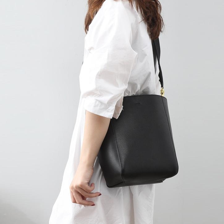 Medium Size Black Cow Leather Wide Strap Shoulder Bucket Bags