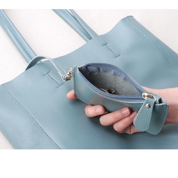 Light Blue Horizontal Soft Leather Tote Bag for Women 