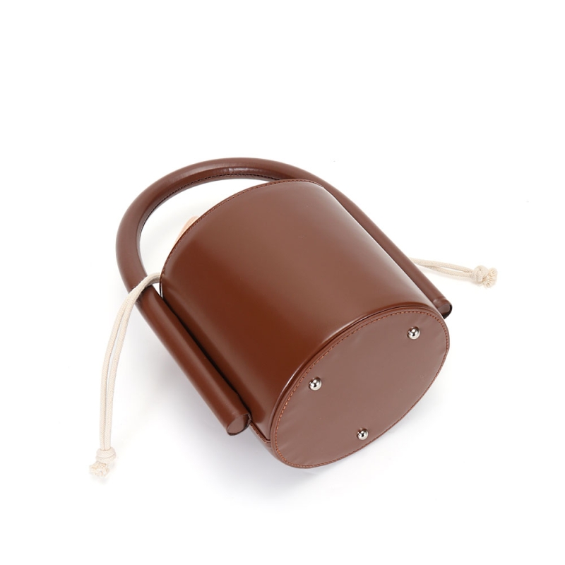 Cylindrical Brown Leather Shoulder Bucket Handbag