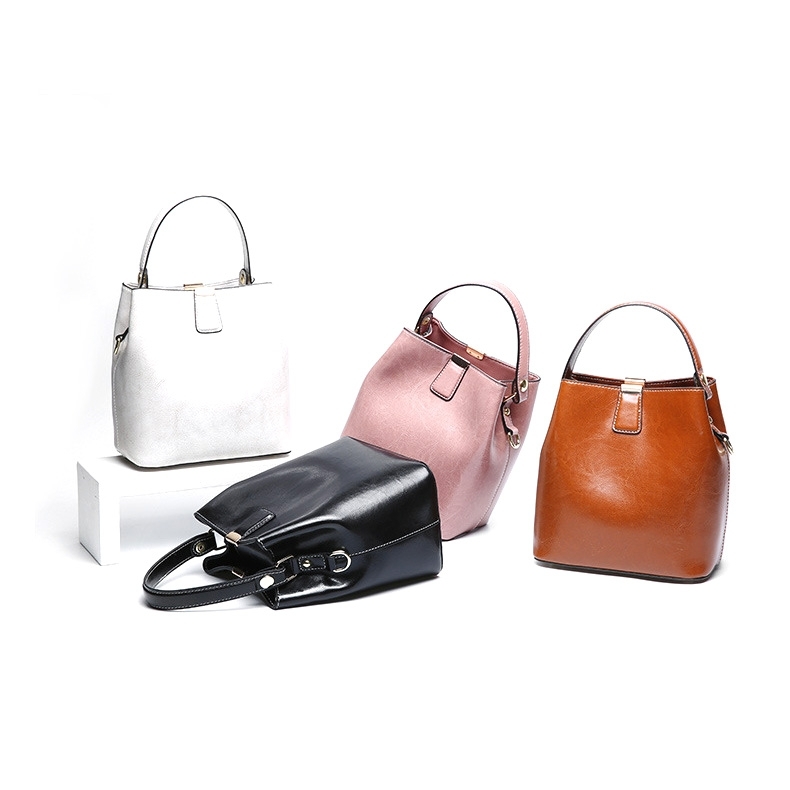 White Leather Bucket Handbags Wide Strap Shoulder Bags