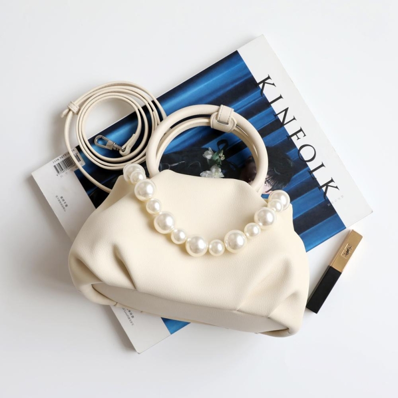 Beige Leather Cloud Bag Acrylic Beads Handbags  Chain Circle Handle Purses