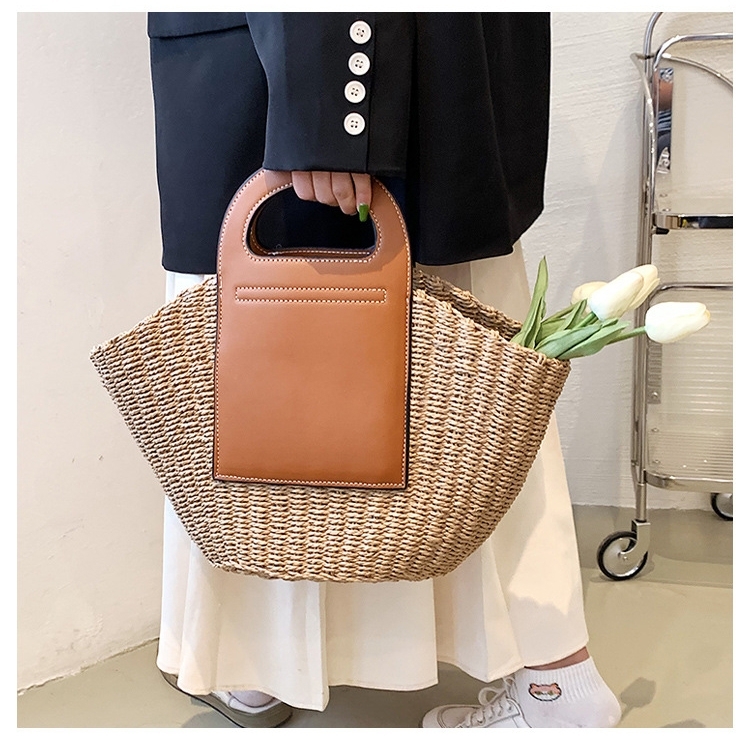 Brwon Leather Handle Summer Shell Shape Straw Beach Tote Bags