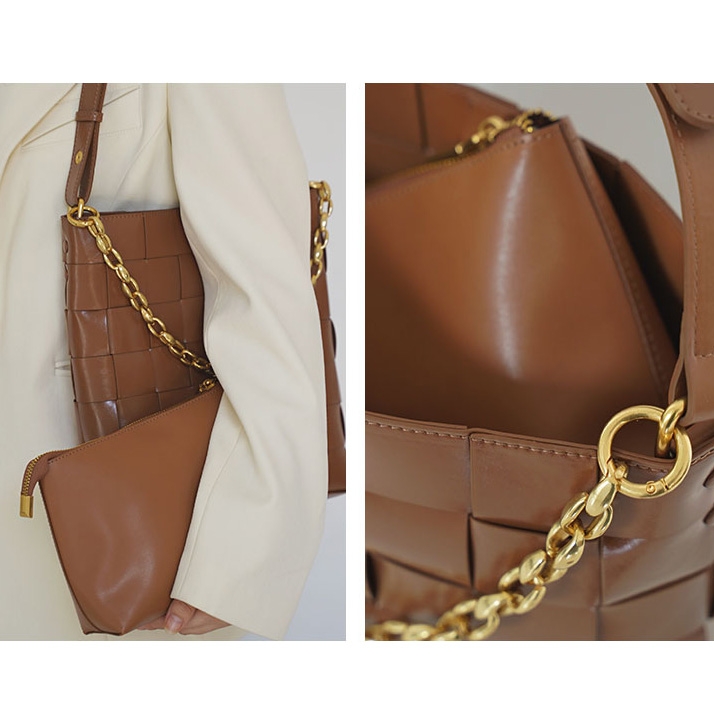 Brown Leather Woven Bucket Bags Gold Chain