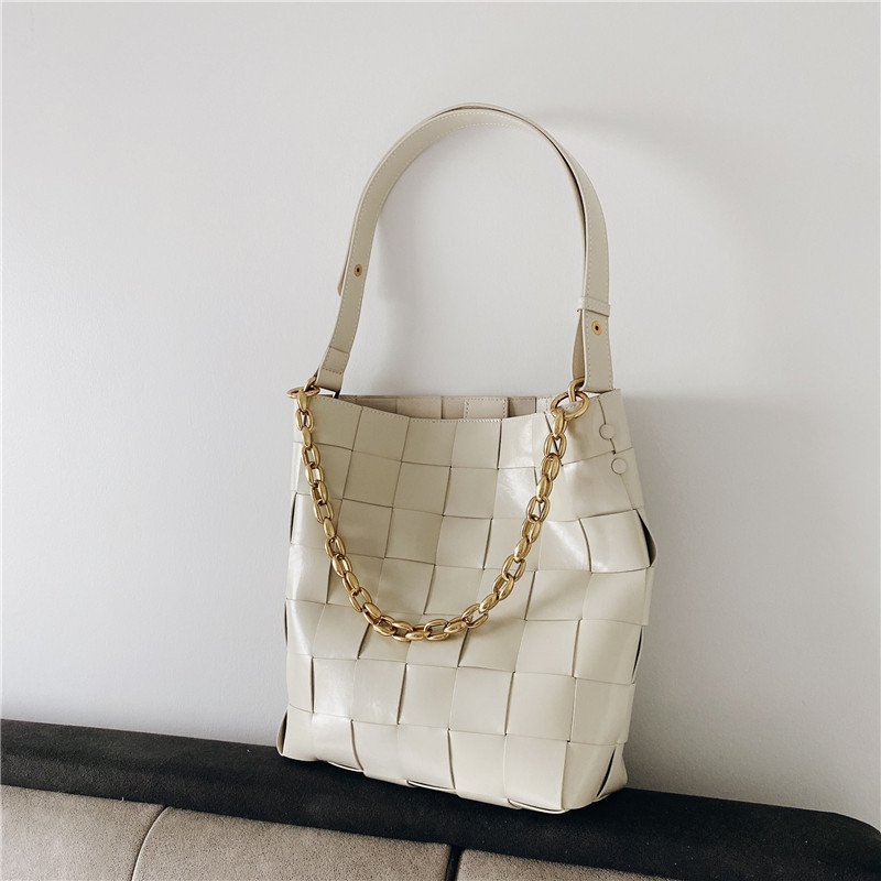 White Leather Woven Bucket Bags Gold Chain