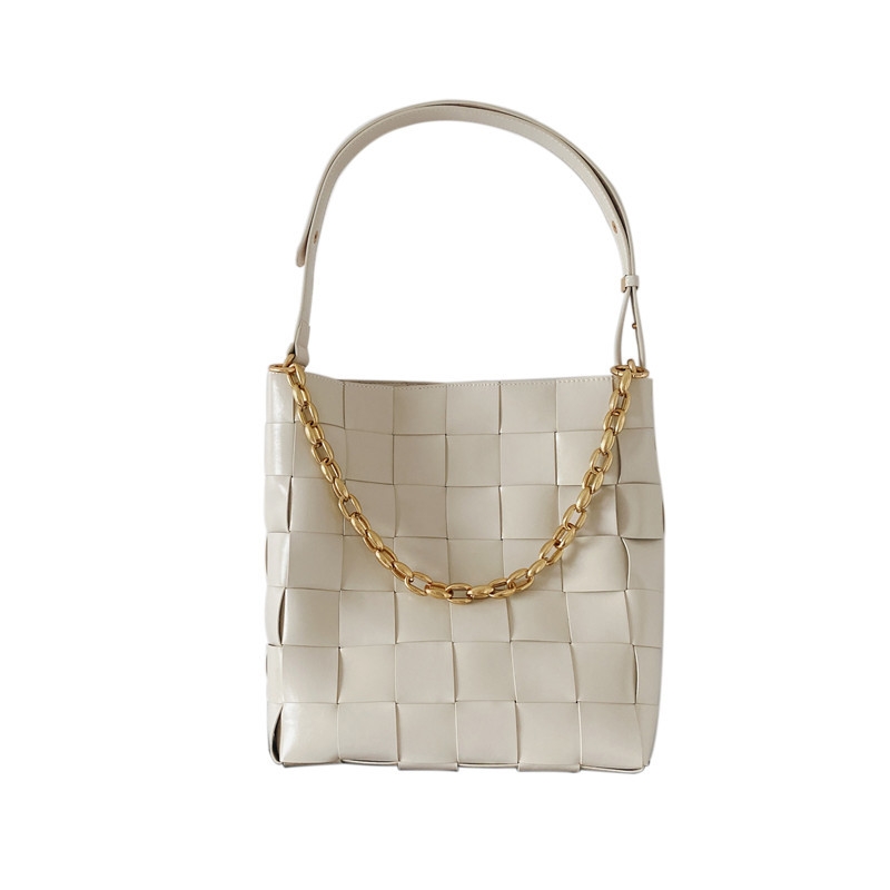 White Leather Woven Bucket Bags Gold Chain