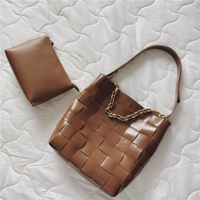 Brown Leather Woven Bucket Bags Gold Chain