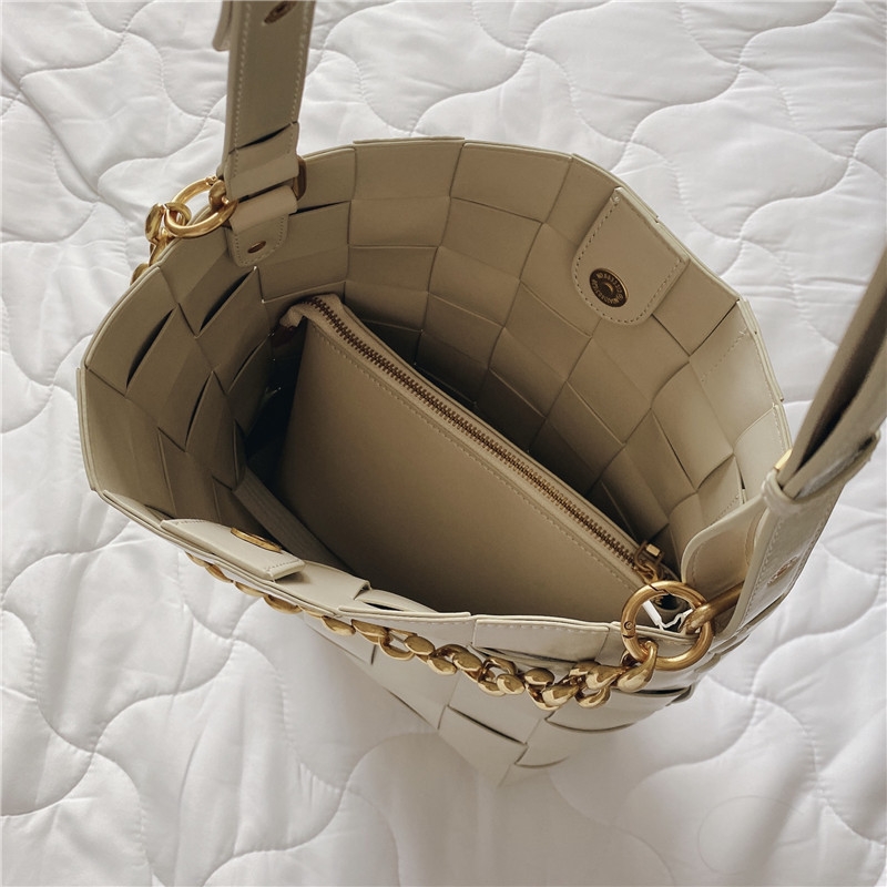 Yellow Leather Woven Bucket Bags Gold Chain