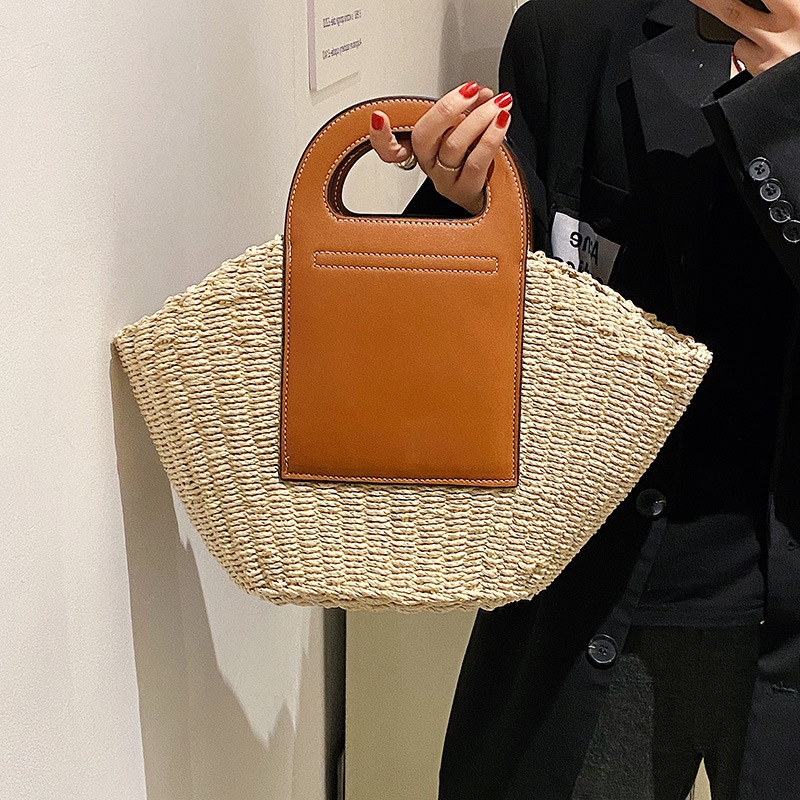 Leather Handle Summer Shell Shape Straw Beach Tote Bags | Baginning