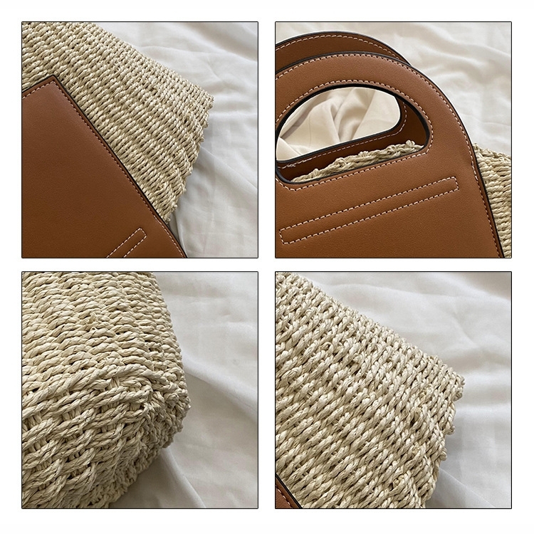 Brwon Leather Handle Summer Shell Shape Straw Beach Tote Bags