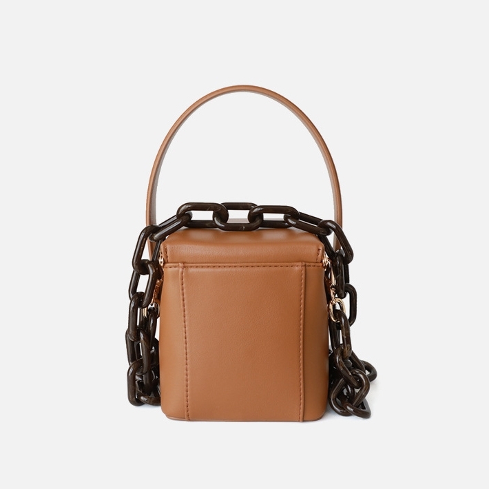 Borwn Mini Leather Box Bags with Acrylic Chain Strap