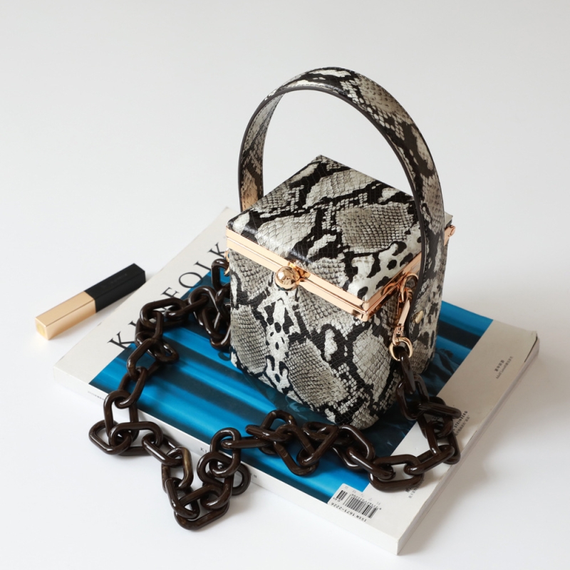 Python Print Mini Leather Box Bags With Acrylic Chain Strap
