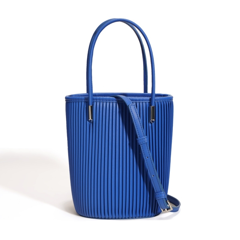 Blue Leather Ruffles Mini Tote Bag Bucket Handbag