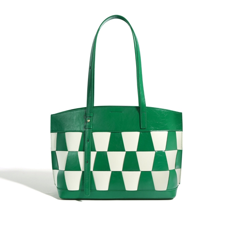 Green and White Leather Tote Bags