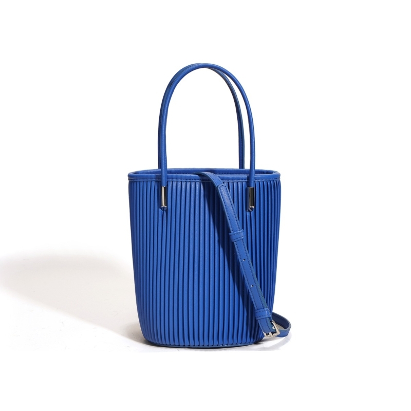 Blue Leather Ruffles Mini Tote Bag Bucket Handbag