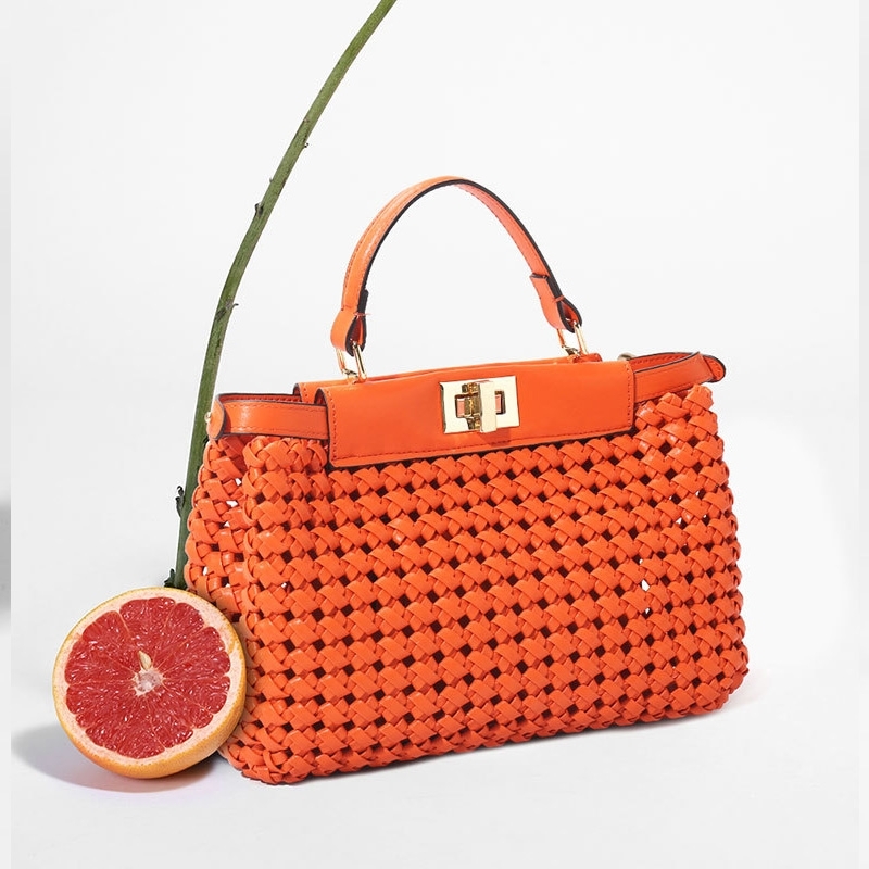 Orange Leather Woven Satchel Handbag