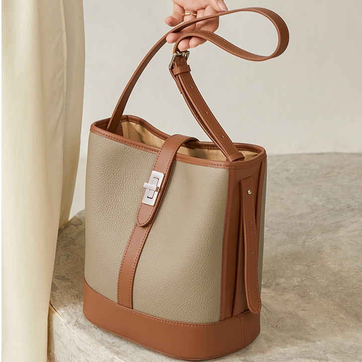 New Arrivel Grey and Brown Shoulder Belt Bucket Bag