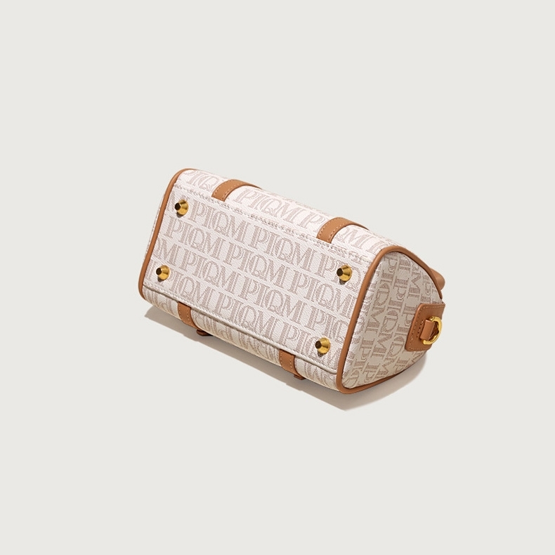 White and Brown Shoulder Mini Boston Handbags