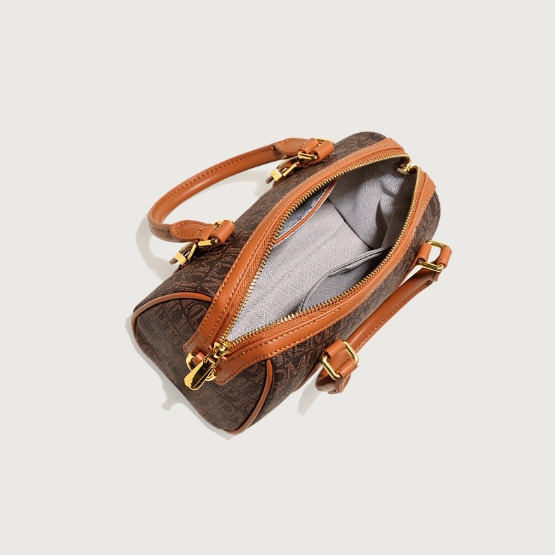 White and Brown Shoulder Mini Boston Handbags