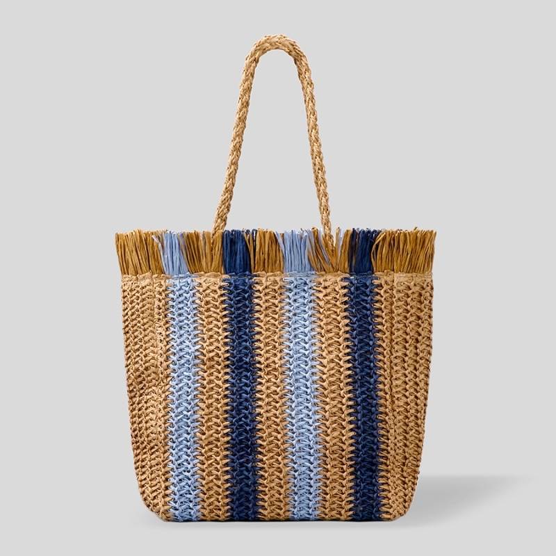 Summer Blue Stripe Bohemia Fringe Woven Straw Tote Bags | Baginning