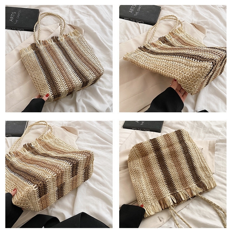 Summer Brown Stripe Bohemia Fringe Woven Straw Tote Bags