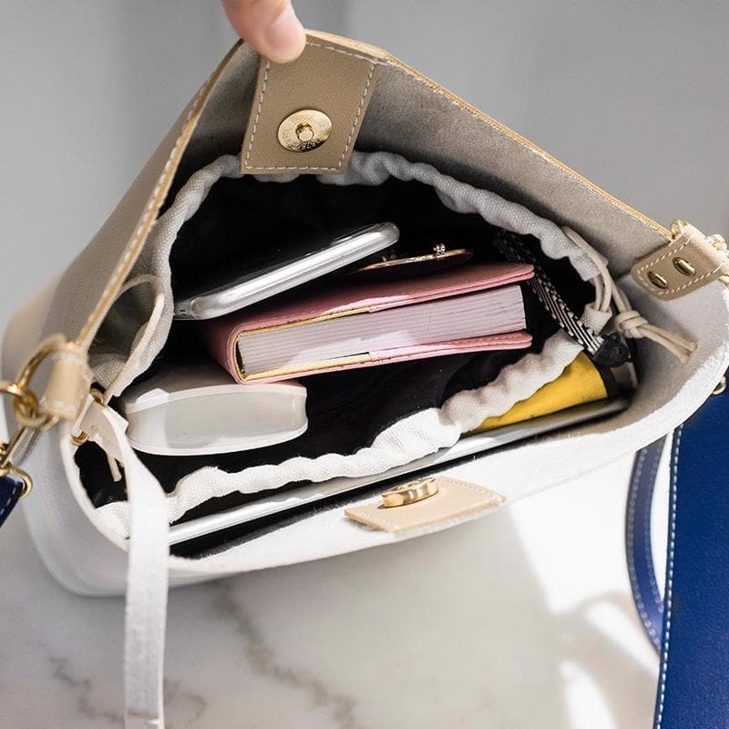 Khaki and White Vegan Leather Wide Strap Bucket Bag Handbags