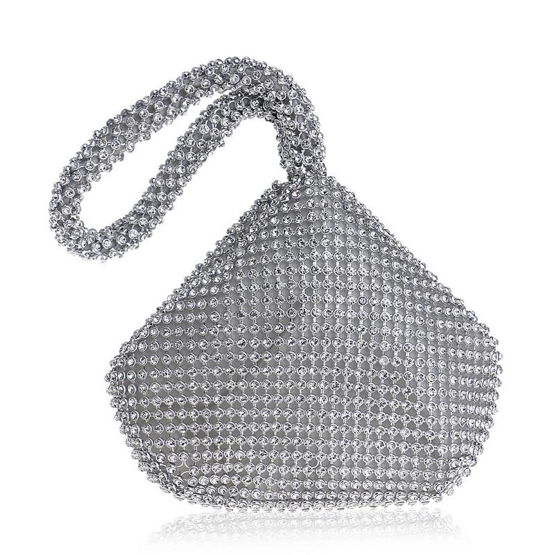 Silver Shining Rhinestones Zipper Bucket Handbag Wristlet Evening Bags