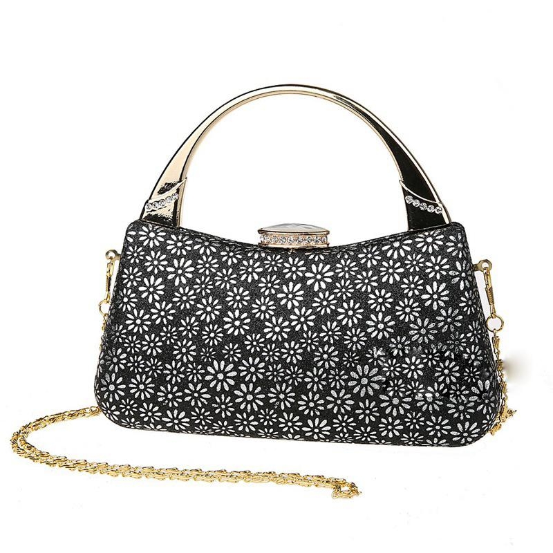 Black Floral Evening Bag Rhinestone Fashion Handbag
