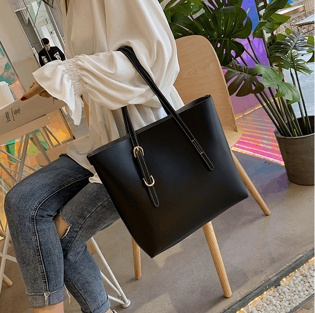 Black Vegan Leather Large Tote Bag with inner Pouch Shoulder Bags
