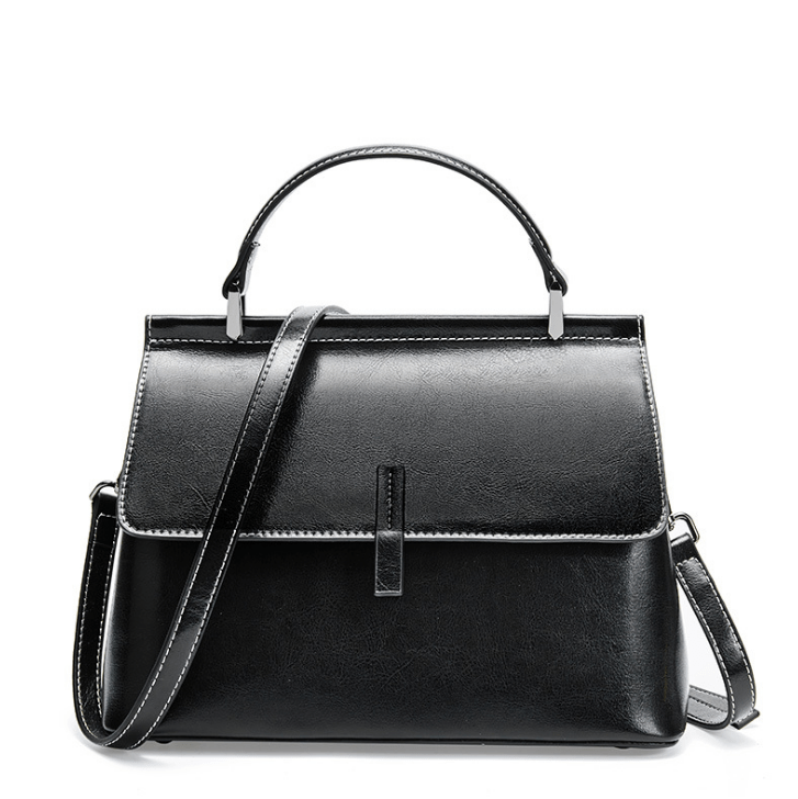 Black Leather Flap Top-handle Satchel Bag Shoulder Bags for Outgoing