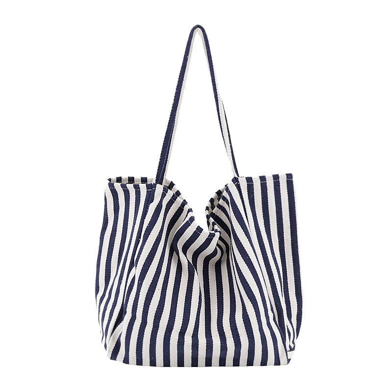Black Striped Large Beach Shopper Bag Canvas Shoulder Bags | Baginning