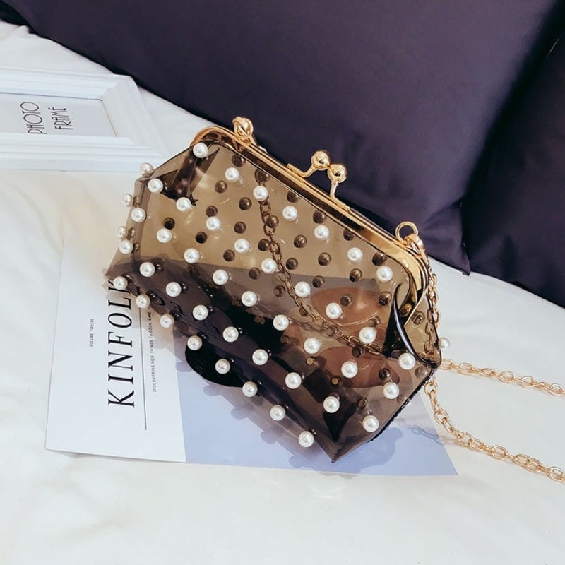 Pearls Decorated Crossbody PVC Clear Purse Transparent Chain Bag