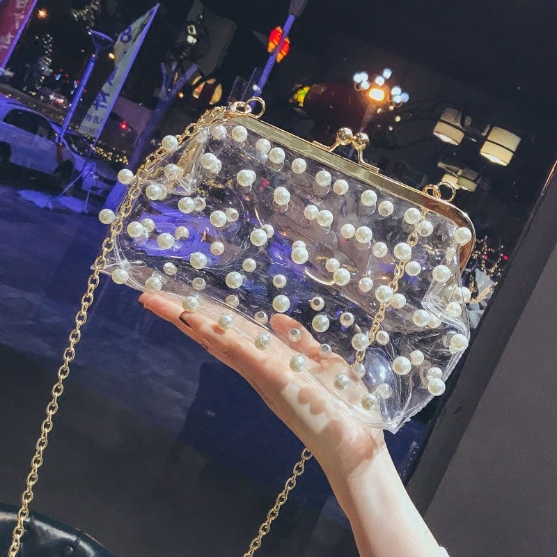 Pearls Decorated Crossbody PVC Clear Purse Transparent Chain Bag