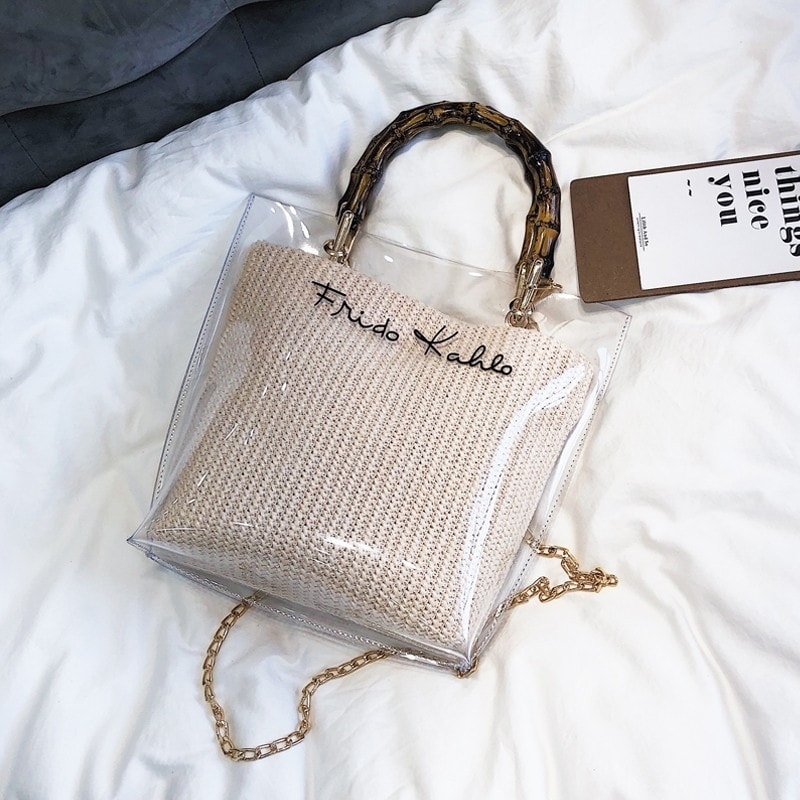 Khaki Woven Straw Inner Pouch Bamboo Handle Clear Bag with Chain