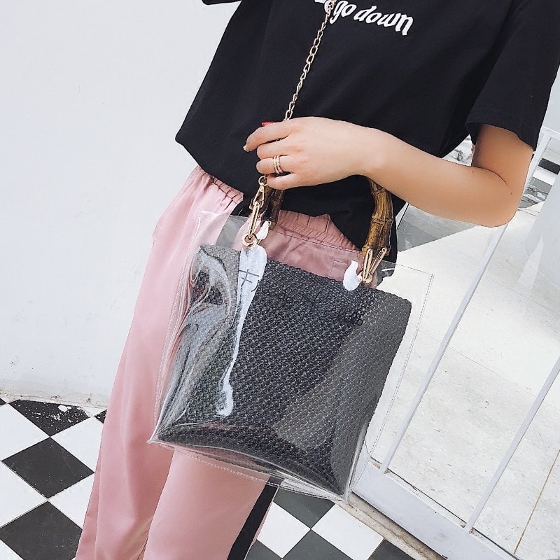 Black Inner Pouch Bamboo Handle Clear Bag with Chain