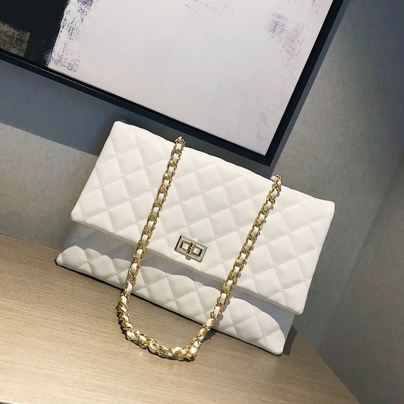 White Flap Clutch Purse Shoulder Quilted Bag with Chain