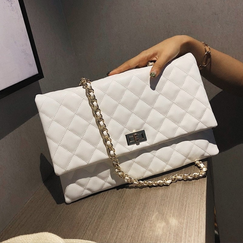 White Flap Clutch Purse Shoulder Quilted Bag with Chain