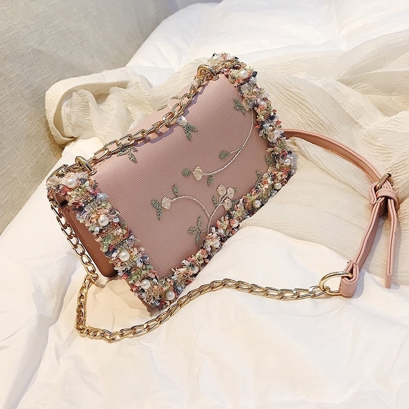 Pink Flap Flower Tweed Satchel Shoulder Chain Bag with Pearls