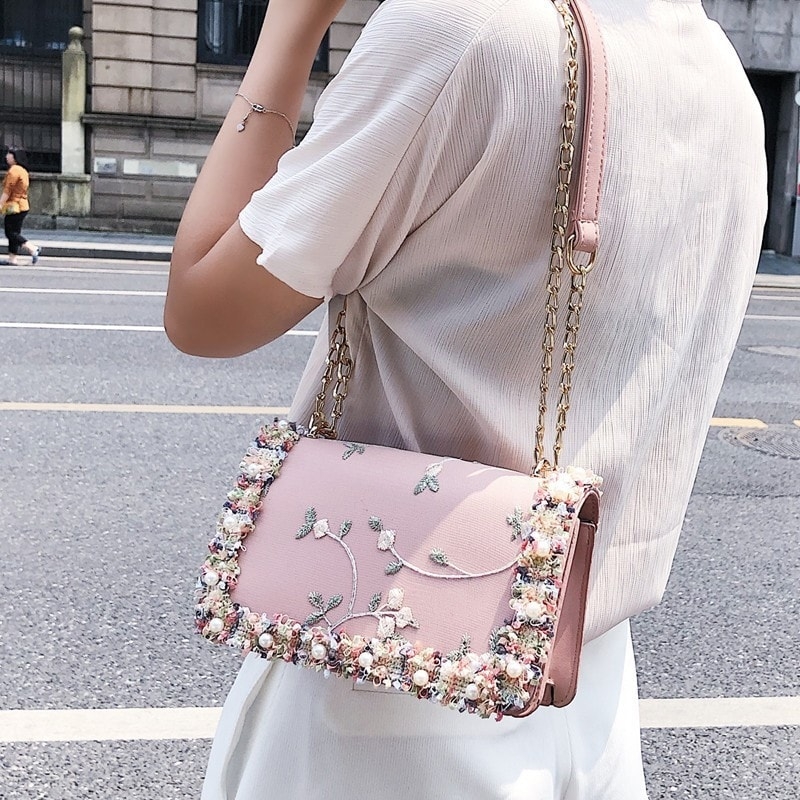 Pink Flap Flower Tweed Satchel Shoulder Chain Bag with Pearls