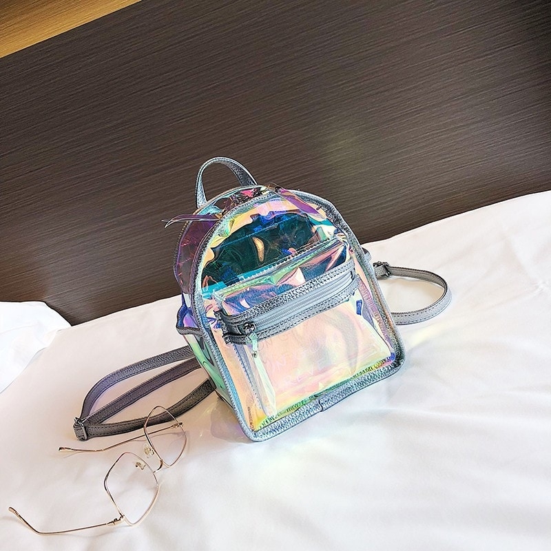 Fashion Silver Mini Backpacks Holographic Pocket Front Clear Backpacks