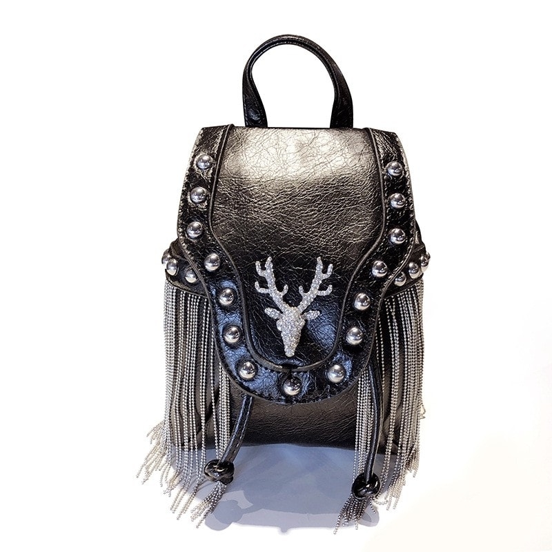 Black Metal Beads Shoulder Fringe Bag Glitter Buck Ornament and Studs