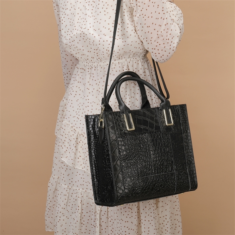 Black Croc Printed Embossing Leather Square Mini Tote Handbag