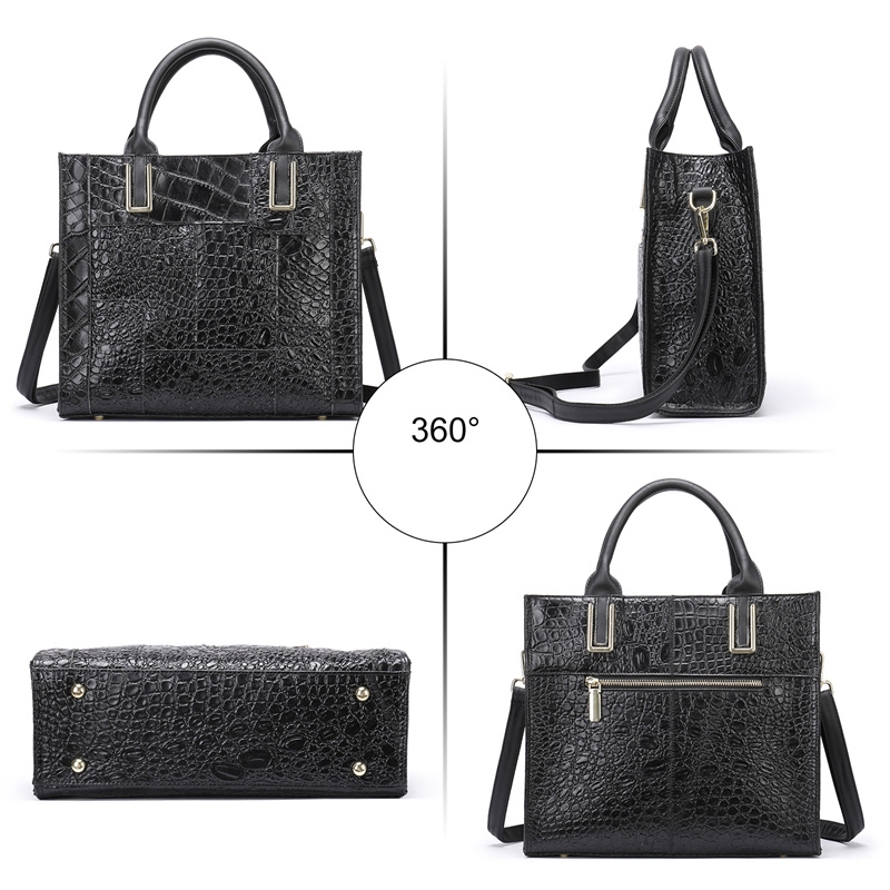Black Croc Printed Embossing Leather Square Mini Tote Handbag