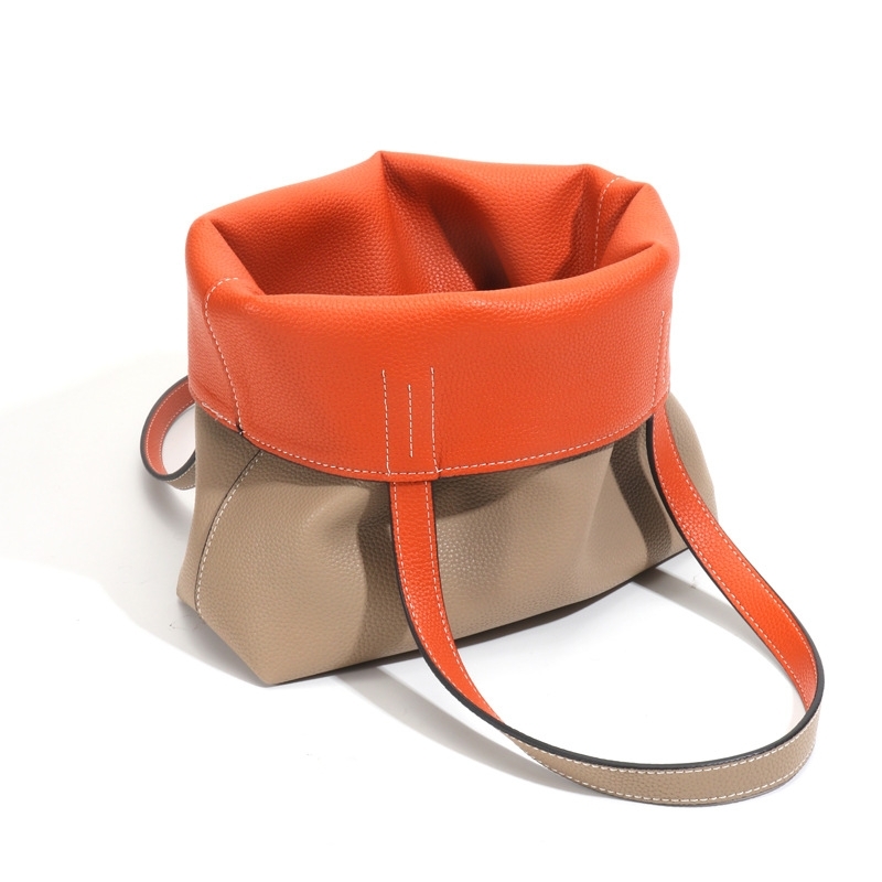 Khaki and Orange A/B Two Face Leather Tote Bags