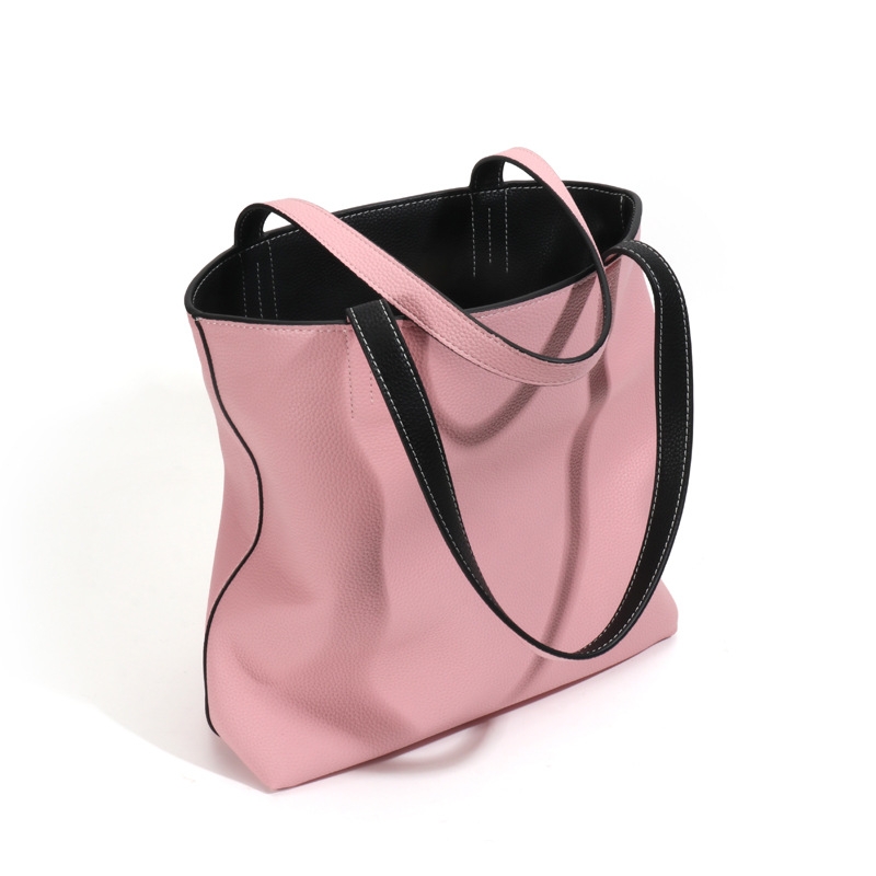 Black and Pink A/B Two Face Leather Tote Bags | Baginning