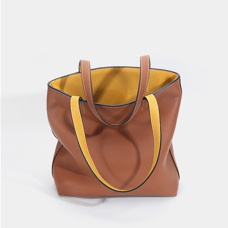 Brown and Yellow A/B Two Face Leather Tote Bags