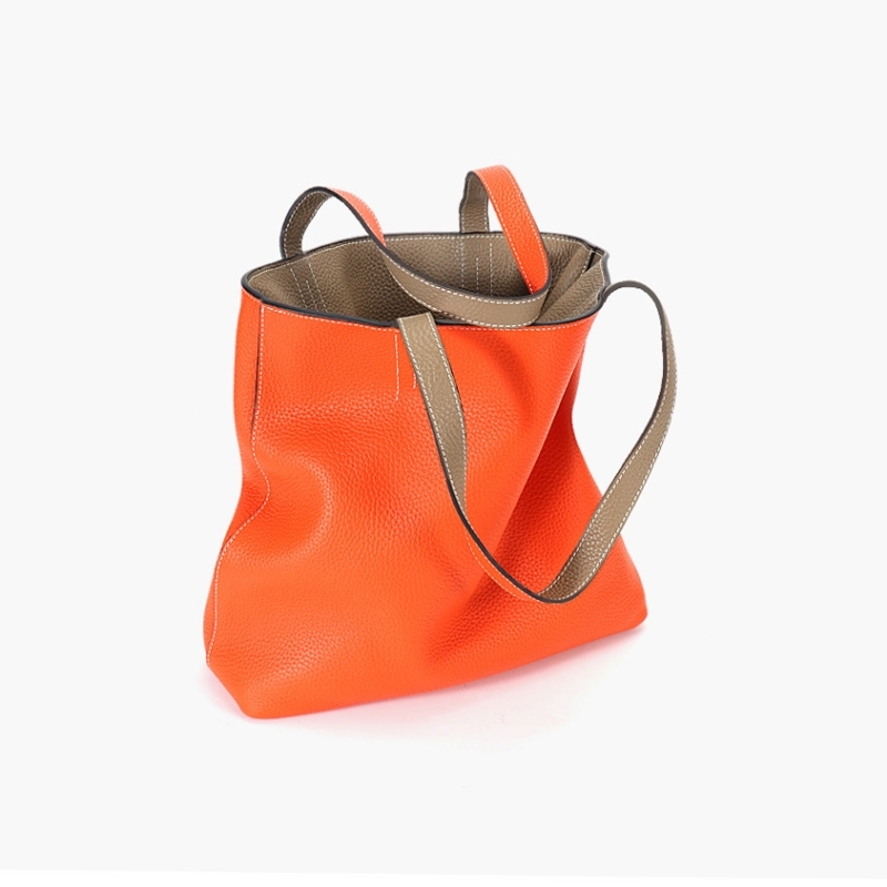 Khaki and Orange A/B Two Face Leather Tote Bags