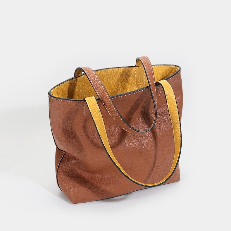 Brown and Yellow A/B Two Face Leather Tote Bags