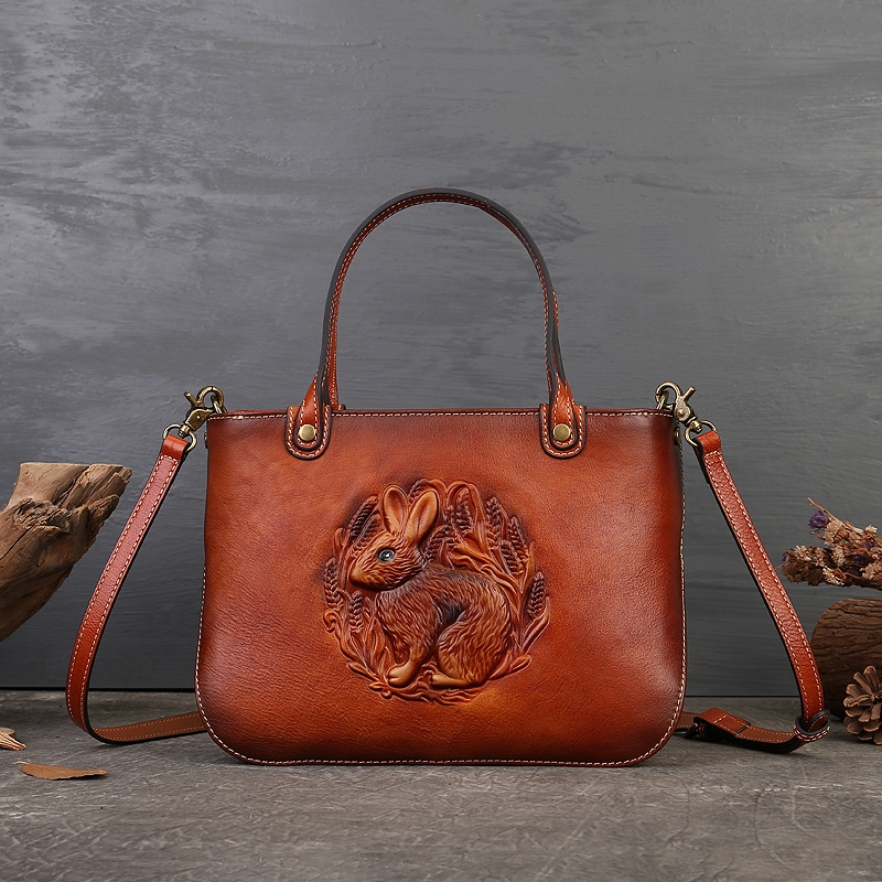 Brown Animal Embossed Leather Tote Bag Top Handle Crossbody Purse