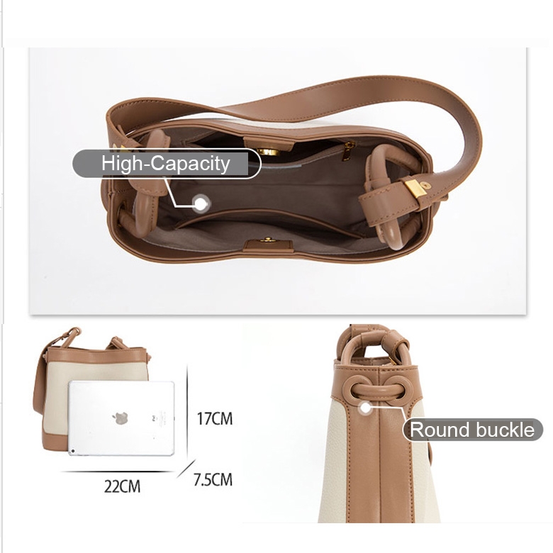 Grey-nude Leather Shoulder Bucket Bags Round Buckle Design
